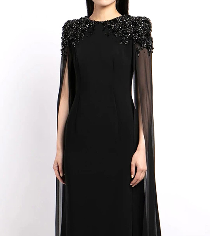 Cape Sleeve Crystal Shoulder Maxi Dress Black