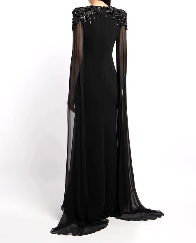 Cape Sleeve Crystal Shoulder Maxi Dress Black