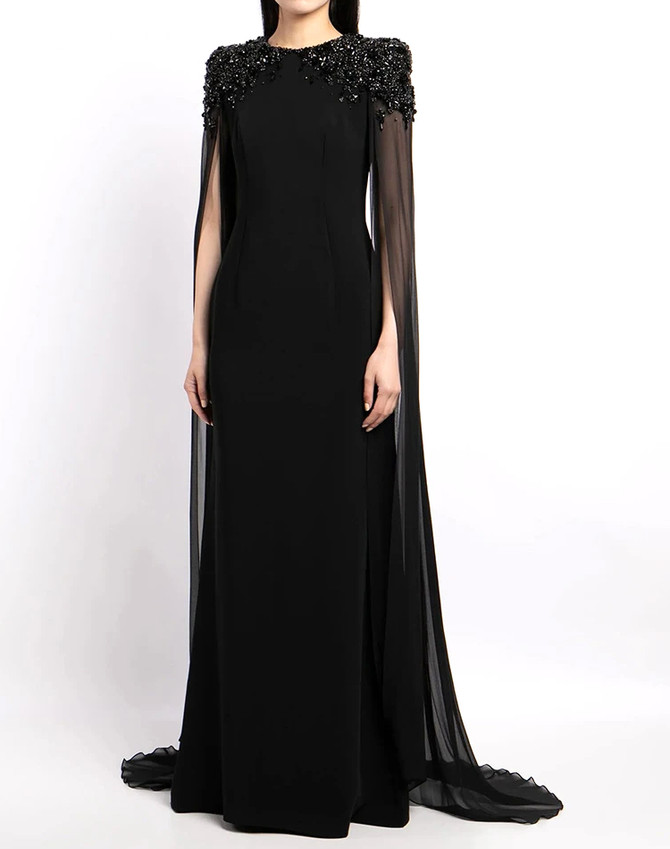 Cape Sleeve Crystal Shoulder Maxi Dress Black