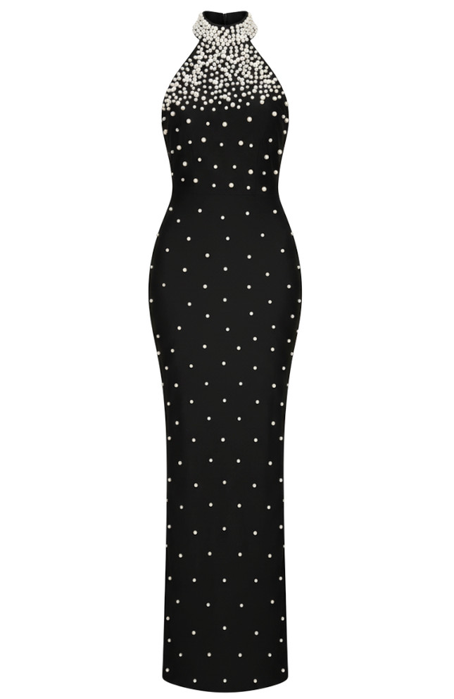 Halter Pearl Maxi Dress Black