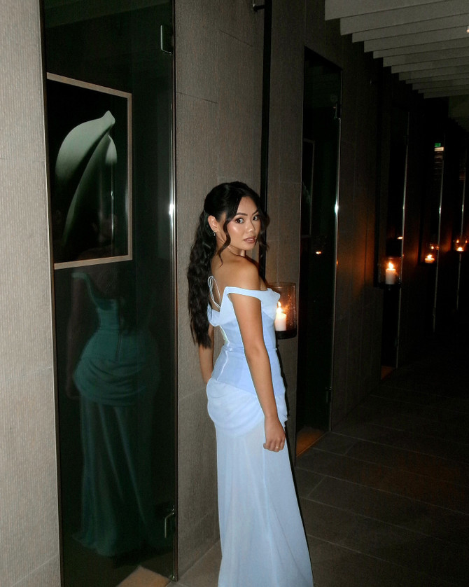 One Shoulder Corset Draped Maxi Dress Blue