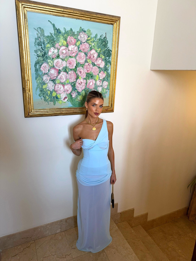 One Shoulder Corset Draped Maxi Dress Blue