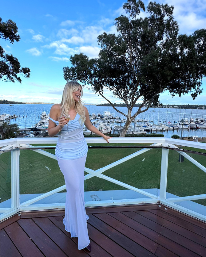 One Shoulder Corset Draped Maxi Dress Blue