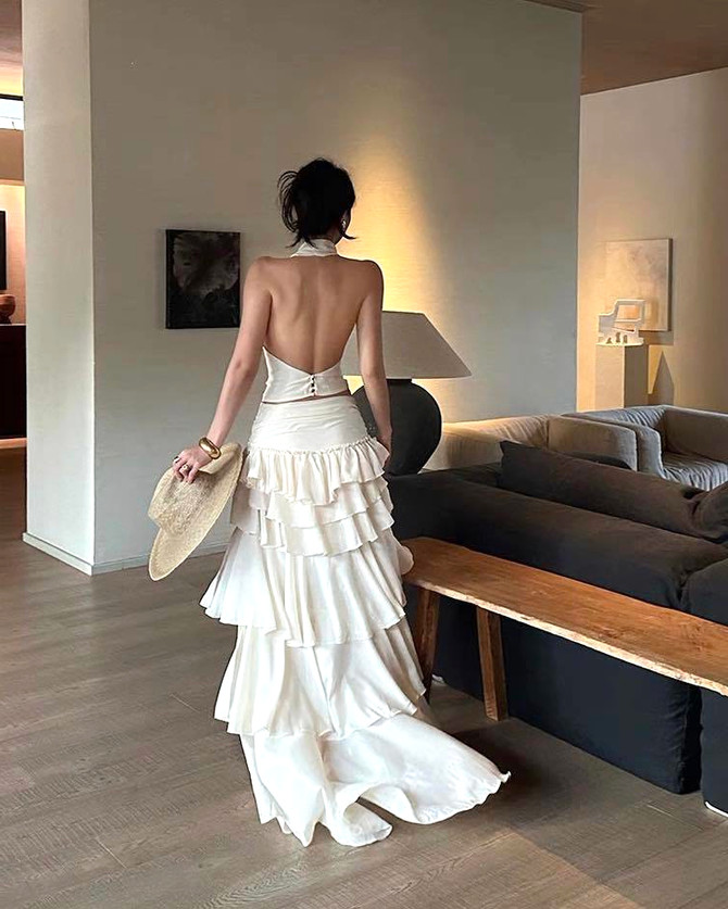 Halter Draped Ruffle Two Piece Maxi Dress Ivory