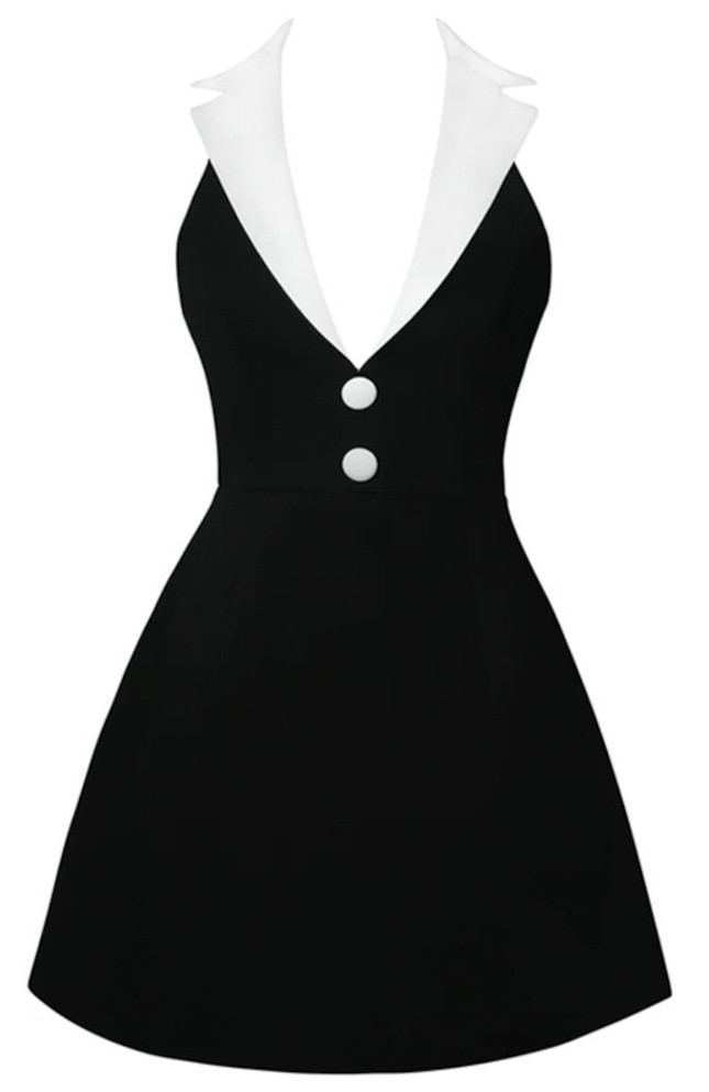 Halter Lapel Collar Dress Black White