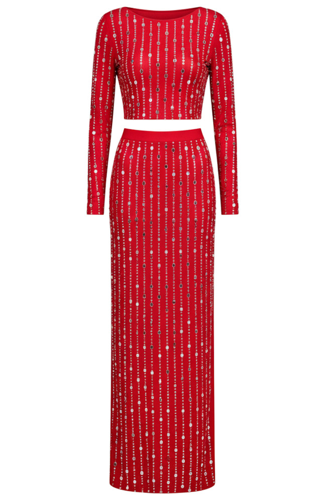 Long Sleeve Crystal Maxi Two Piece Dress Red