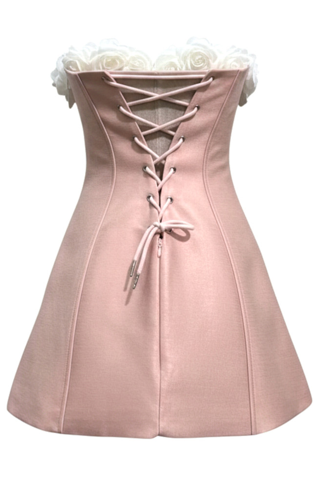 Strapless Floral Corset A Line Dress Pink White