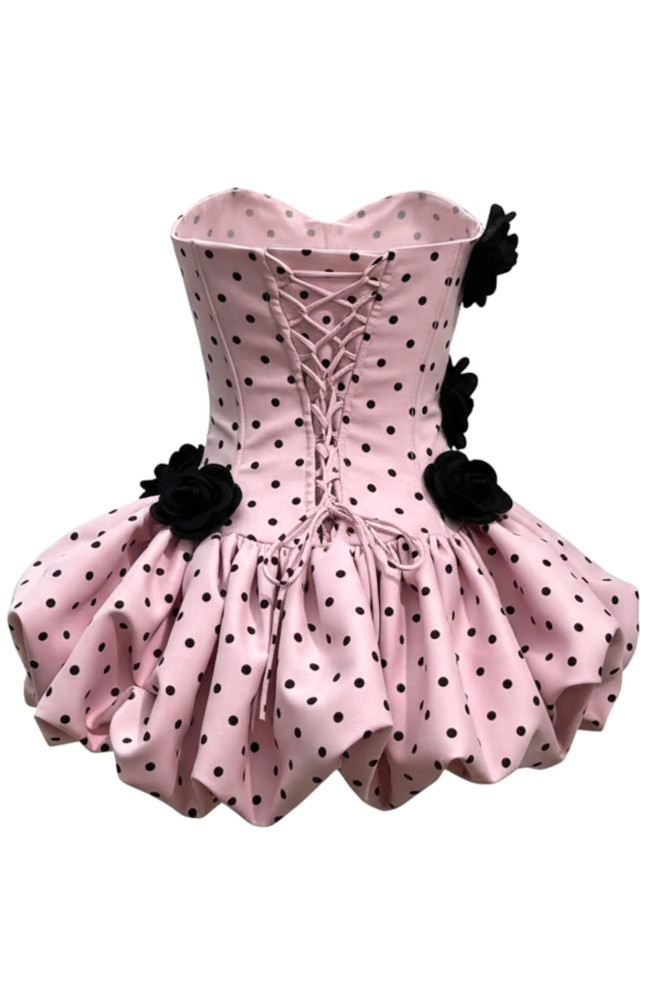 Polka Dot Strapless Floral Corset Puff Dress Pink