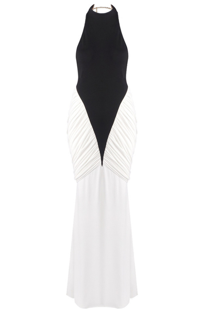 Halter Draped Detail Maxi Dress Black White