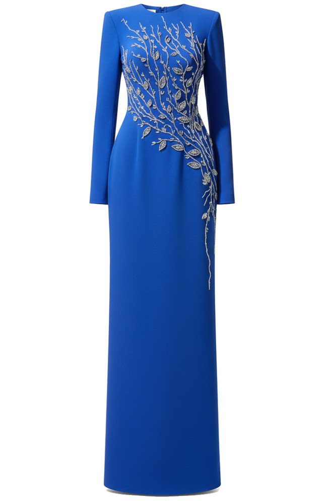 Long Sleeve Crystal Floral Maxi Dress Blue