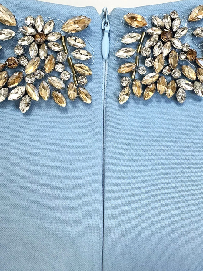 Long Sleeve Crystal Embellished Maxi Dress Blue