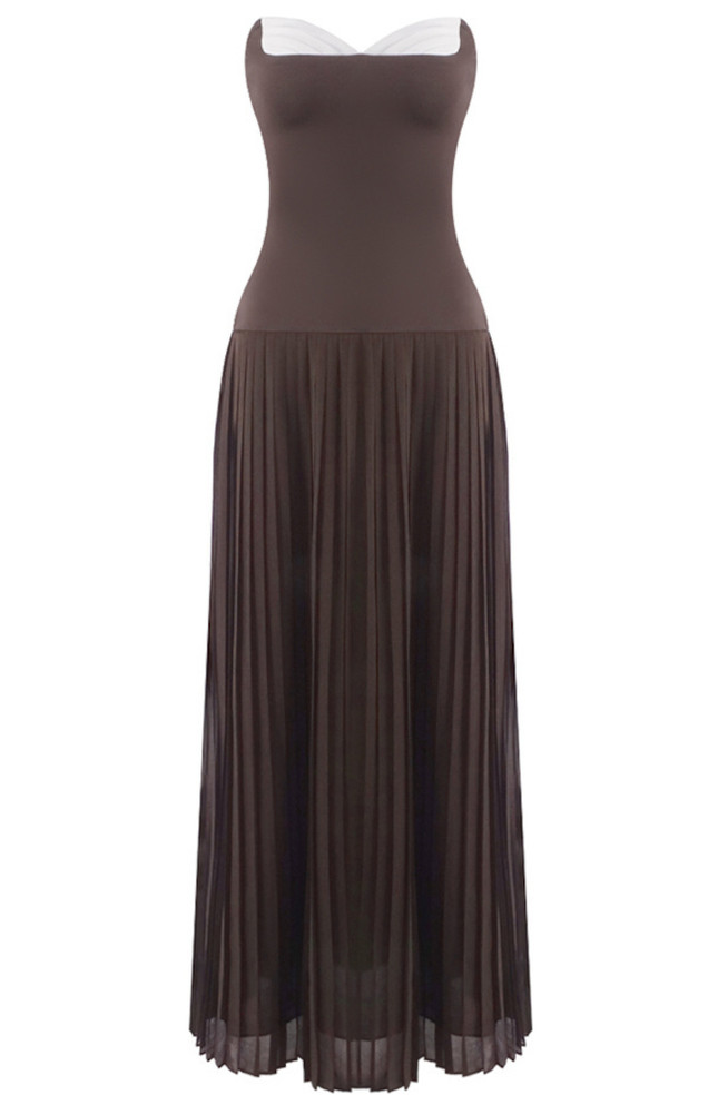 Strapless Pleated A Line Maxi Dress Brown