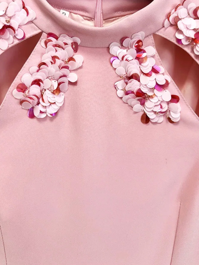 Long Sleeve Big Sequin Detail Maxi Dress Pink