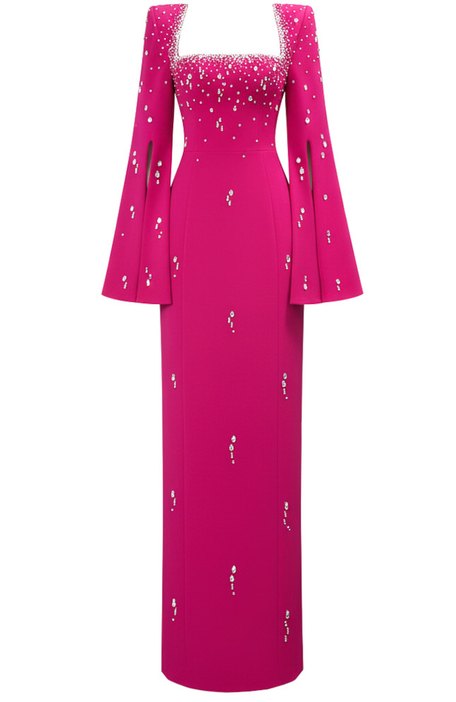 Cape Sleeve Crystal Maxi Dress Hot Pink