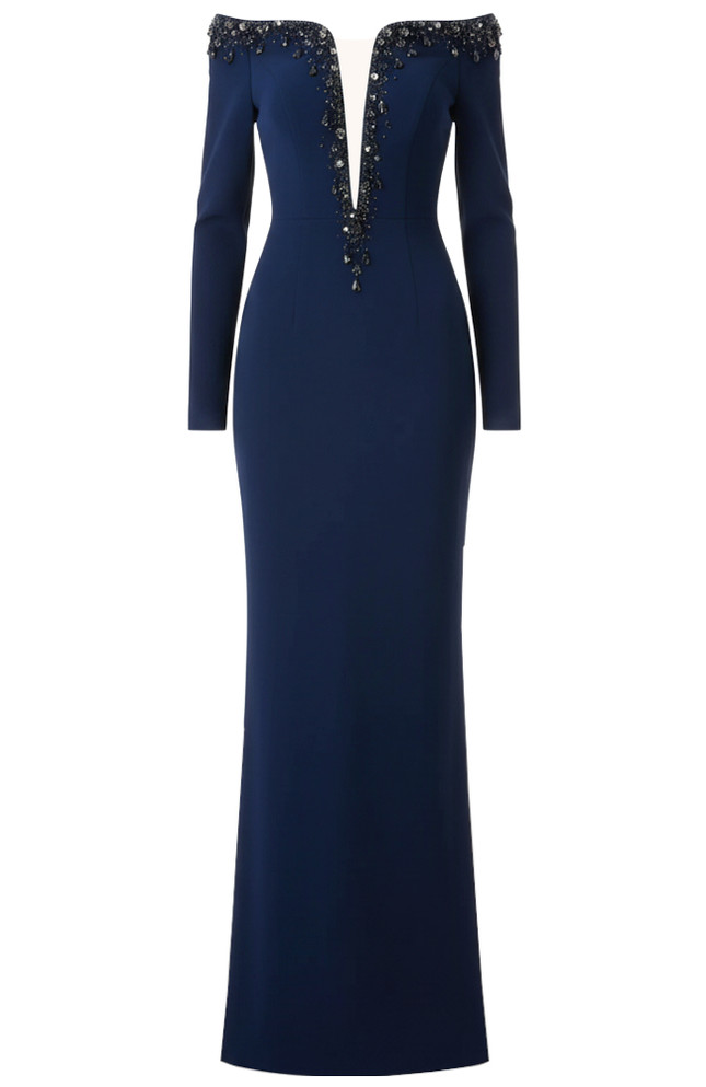 Long Sleeve Bardot Crystal Maxi Dress Navy Blue