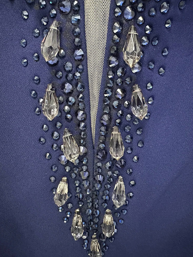 Long Sleeve Bardot Crystal Maxi Dress Navy Blue