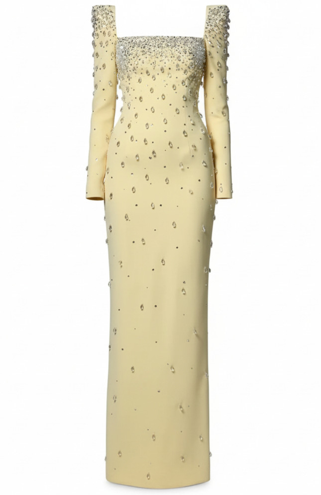 Long Sleeve Crystal Maxi Dress Yellow
