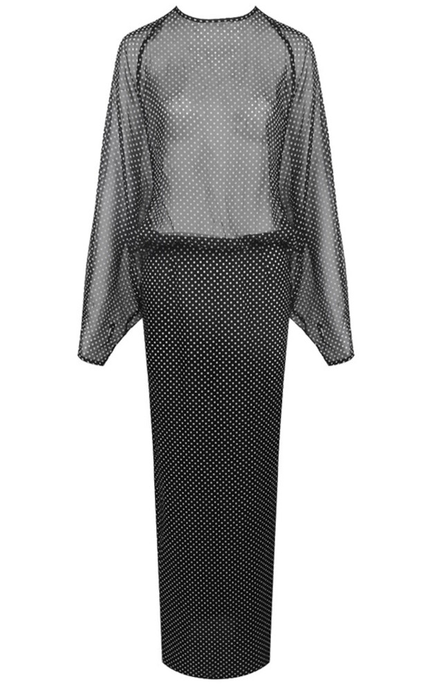 Long Sleeve Polka Dot Maxi Dress Black