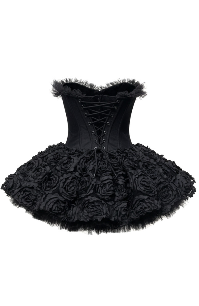 Strapless Petal Floral Corset A Line Dress Black