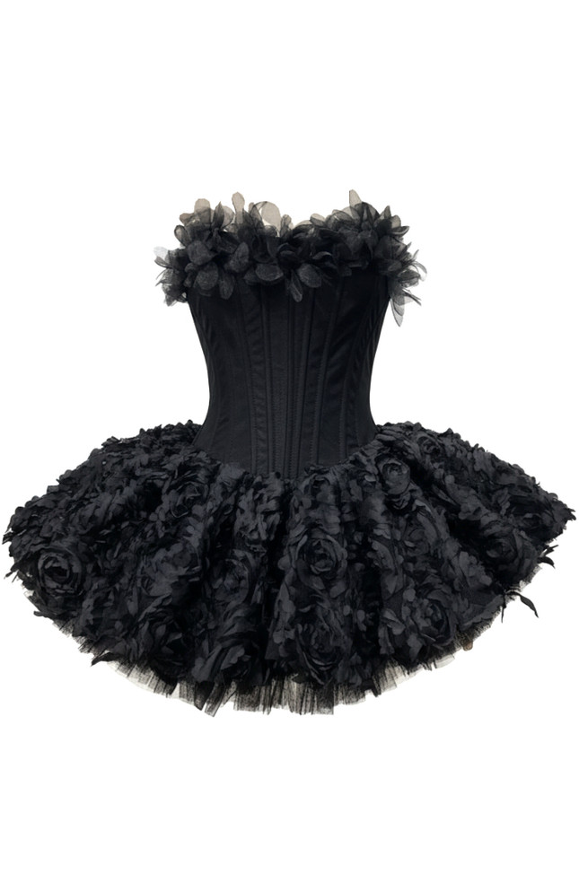 Strapless Petal Floral Corset A Line Dress Black