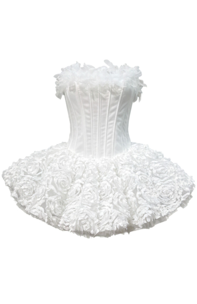 Strapless Petal Floral Corset A Line Dress White