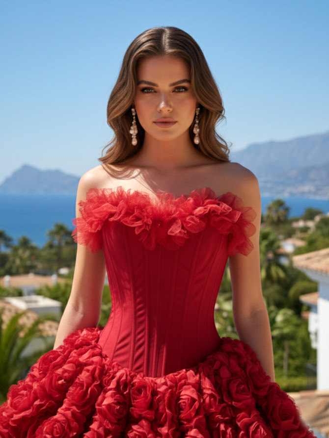 Strapless Petal Floral Corset A Line Dress Red