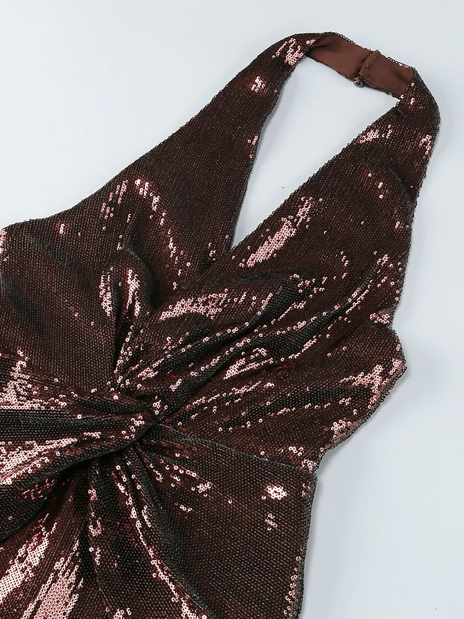 Halter Draped Sequin Jumpsuit Brown