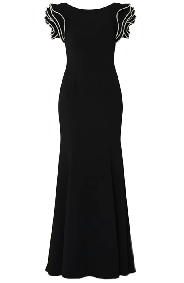 Crystal Ruffle Backless Maxi Dress Black