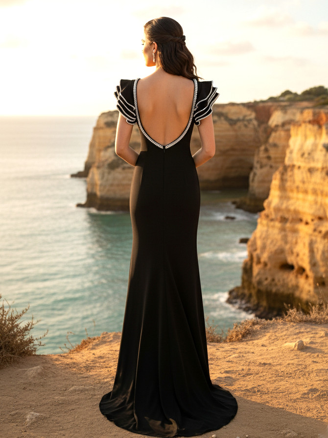 Crystal Ruffle Backless Maxi Dress Black
