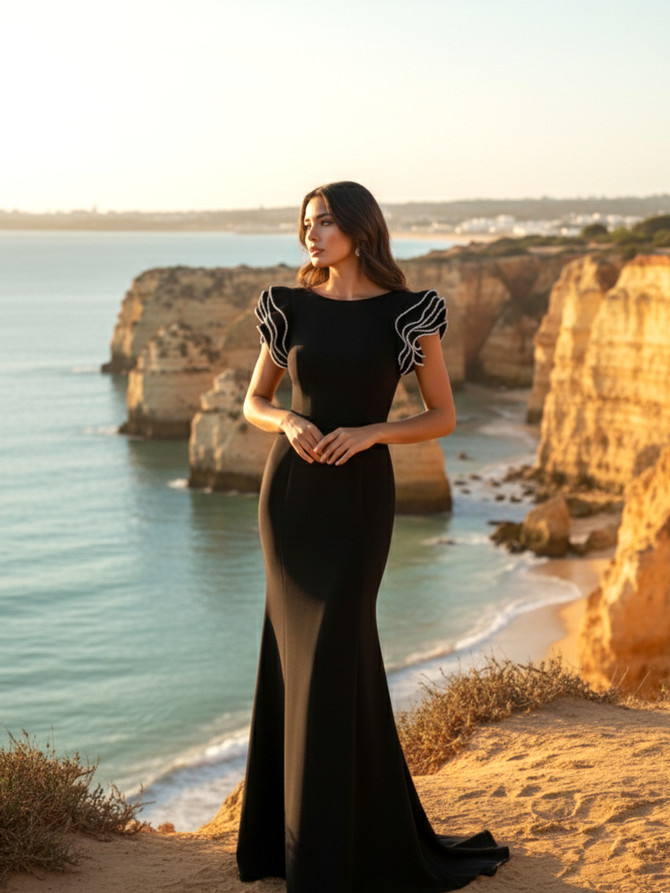 Crystal Ruffle Backless Maxi Dress Black