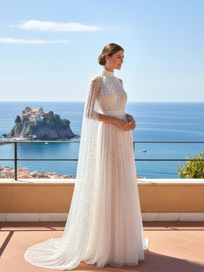 Pearl Cape Sleeves Maxi Dress White