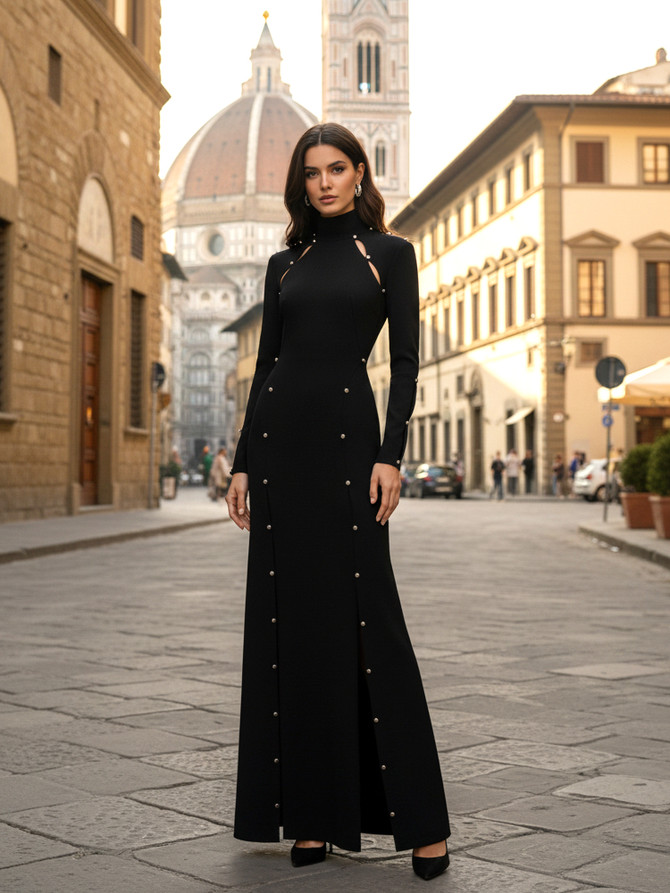 Long Sleeve Crystal Cut Out Maxi Dress Black