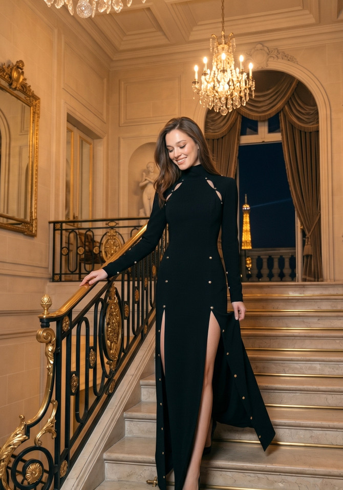 Long Sleeve Crystal Cut Out Maxi Dress Black