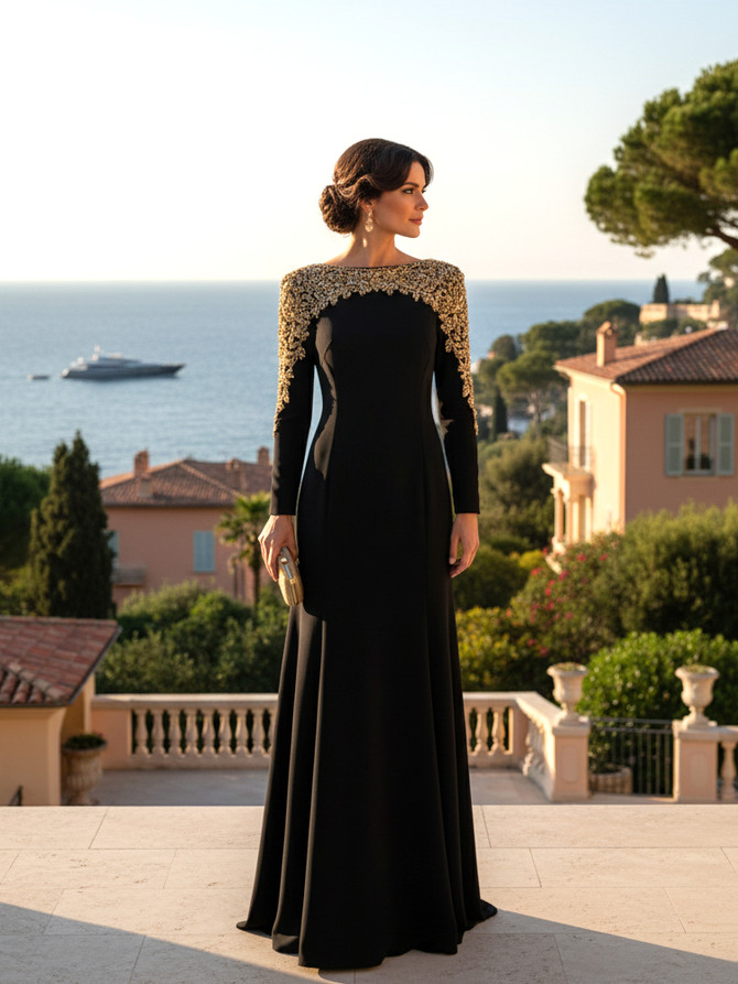 Long Sleeve Crystal Shoulders Maxi Dress Black