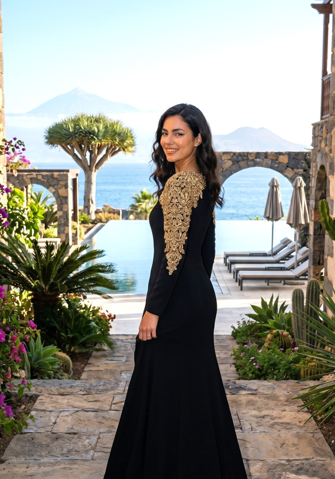 Long Sleeve Crystal Shoulders Maxi Dress Black