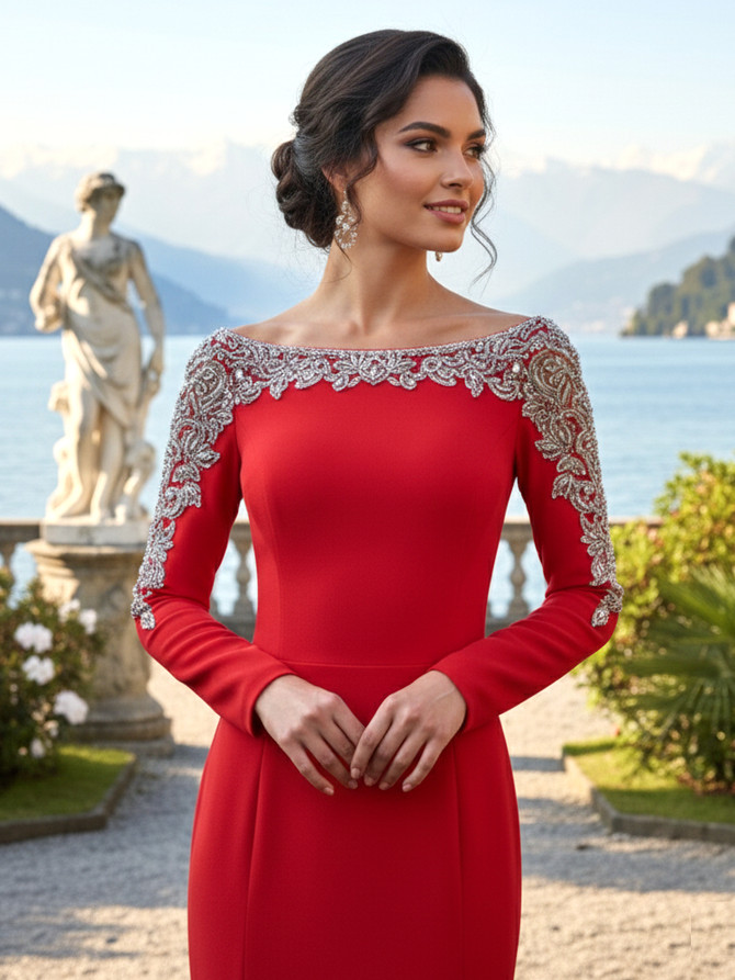 Long Sleeve Crystal Shoulders Maxi Dress Red