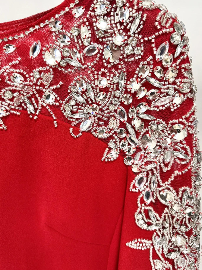 Long Sleeve Crystal Shoulders Maxi Dress Red