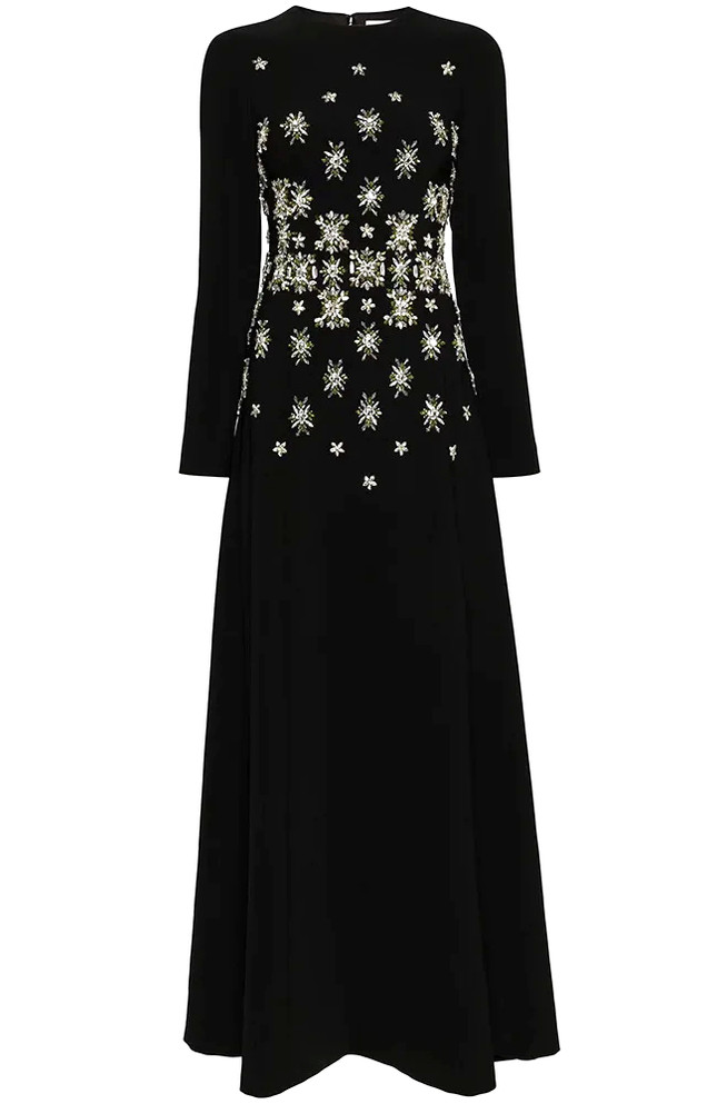 Long Sleeve Crystal Detail A Line Maxi Dress Black