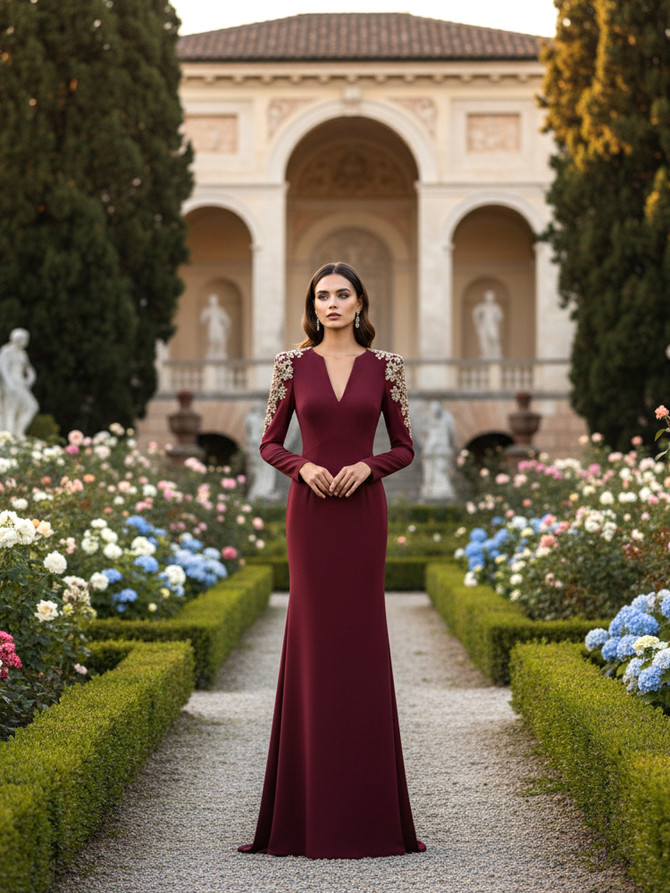 Long Sleeve Embellished Shoulders Maxi Dress Burgundy