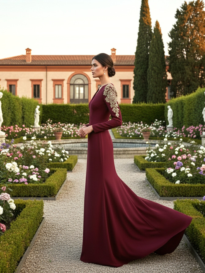 Long Sleeve Embellished Shoulders Maxi Dress Burgundy