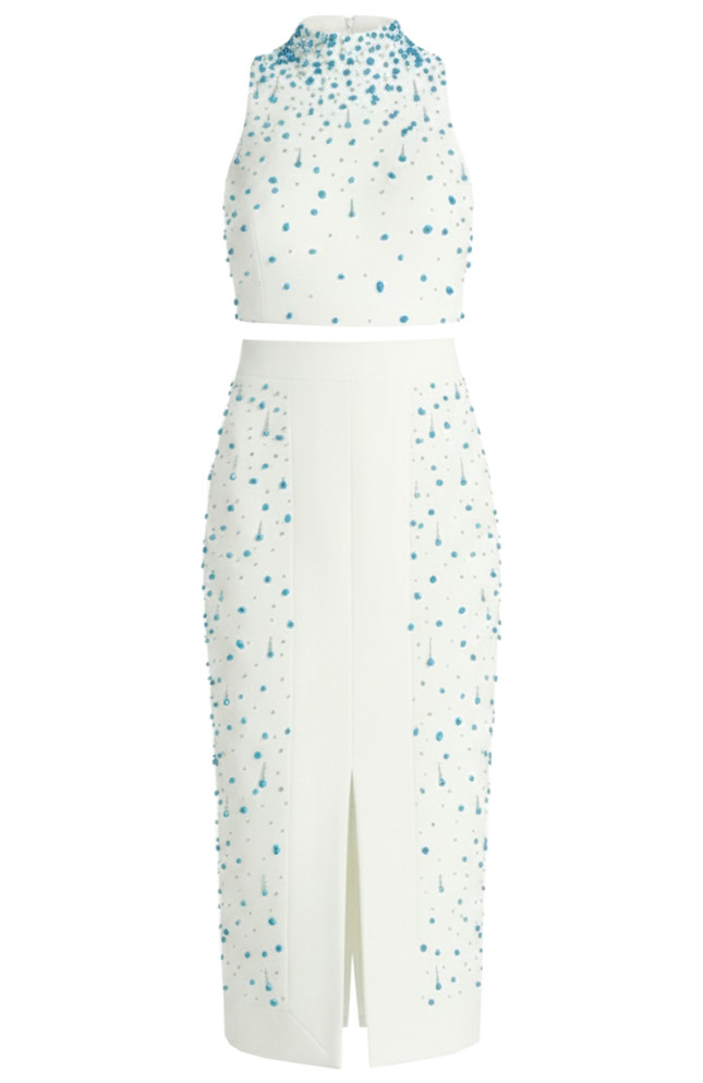 Embellished Midi Two Piece Dress White Turquoise
