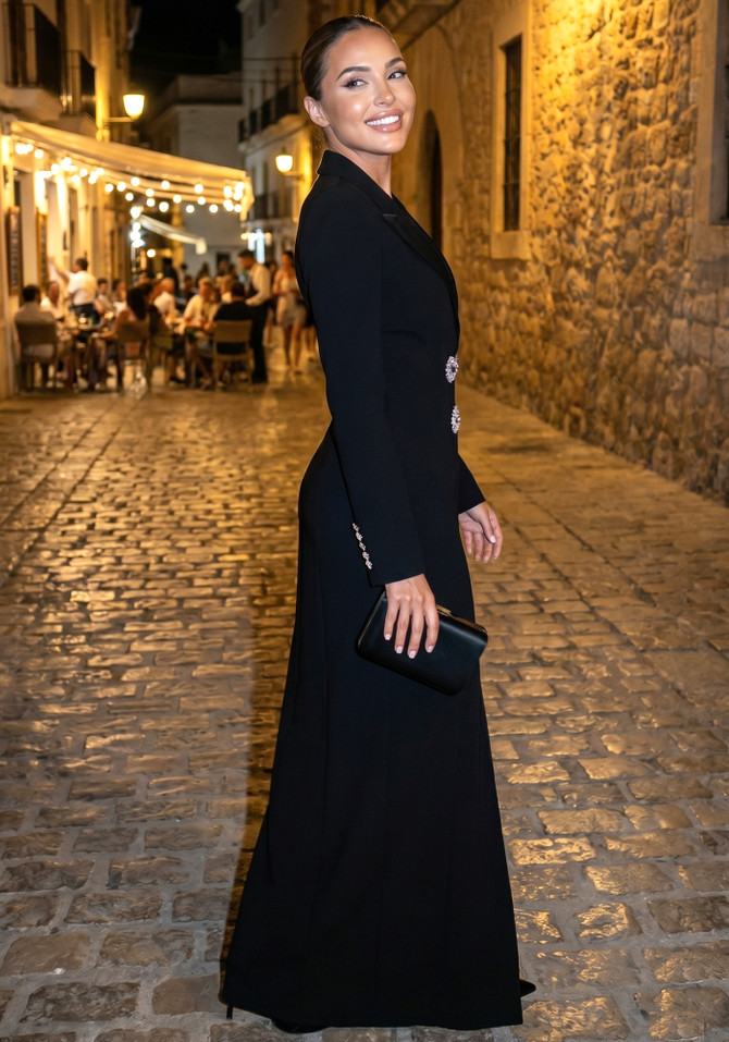 Long Sleeve Crystal Button Maxi Coat Dress Black