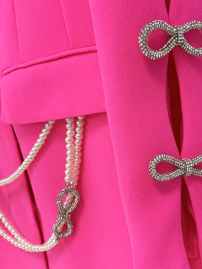 Long Sleeve Pearl Crystal Bow Blazer Dress Hot Pink Long Sleeve Pearl Crystal Bow Blazer Dress Hot Pink