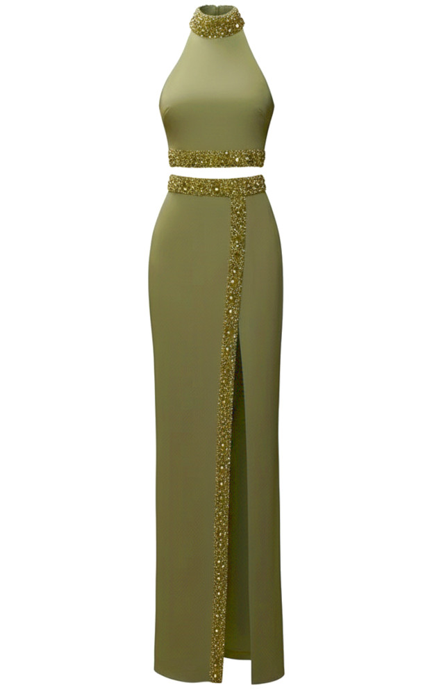 Halter Embellished Trim Two Piece Maxi Dress Green