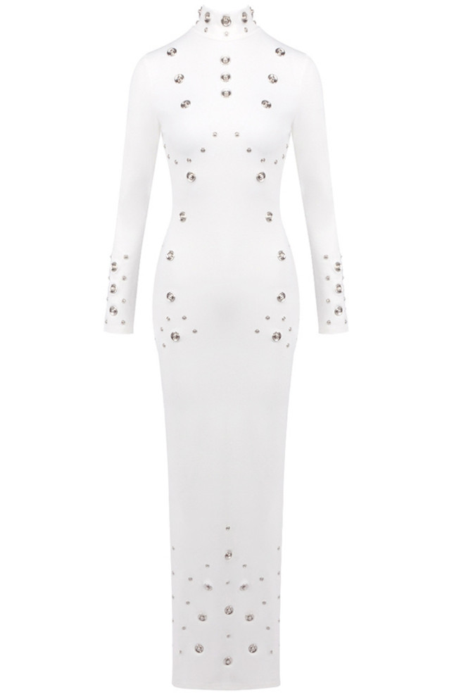 Long Sleeve Studded Maxi Dress White