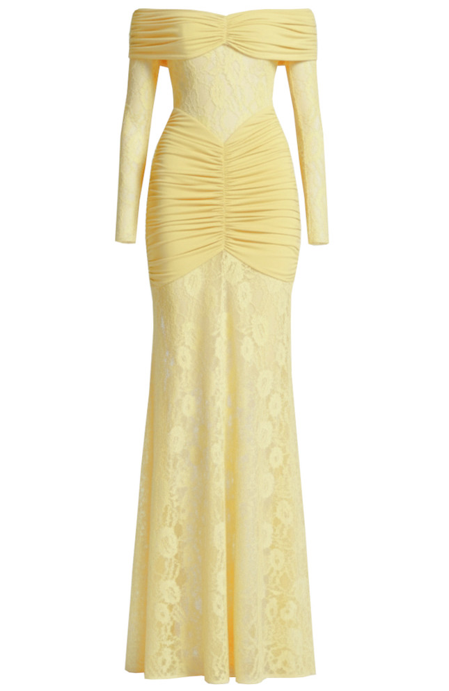 Long Sleeve Draped Bardot Lace Maxi Dress Yellow