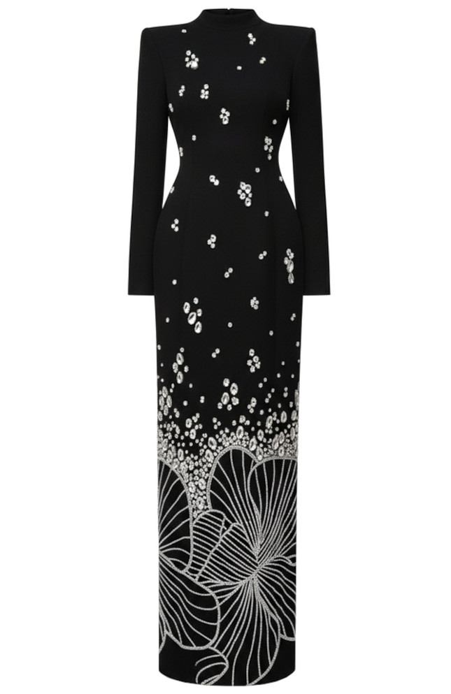 Long Sleeve Crystal Flower Detail Maxi Dress Black