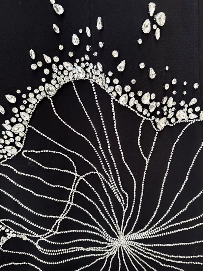 Long Sleeve Crystal Flower Detail Maxi Dress Black