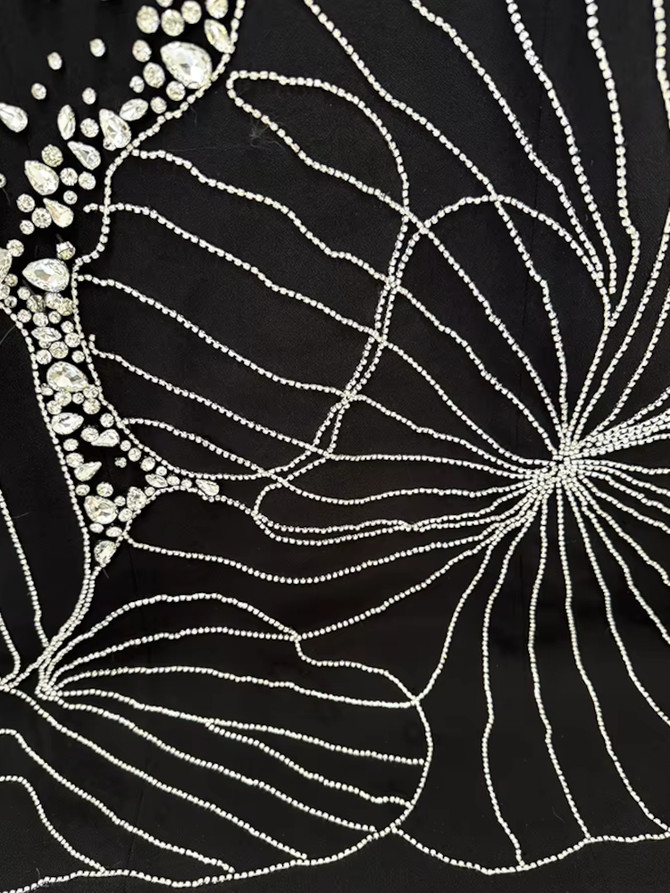 Long Sleeve Crystal Flower Detail Maxi Dress Black