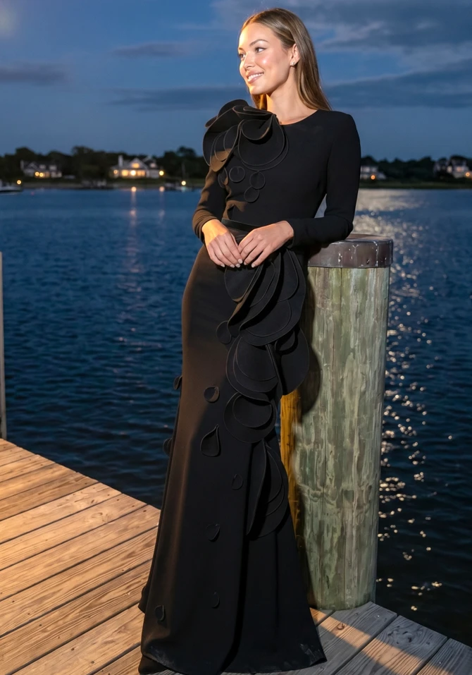 Long Sleeve Petal Detail Maxi Dress Black